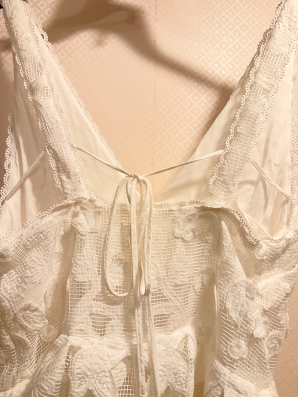 By Anthropologie White Lace V Neck Sleeveless Swing Mini Dress Tie Back z S Boho - Picture 9 of 13